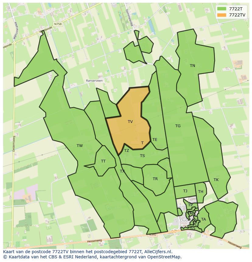 Afbeelding van het postcodegebied 7722 TV op de kaart.