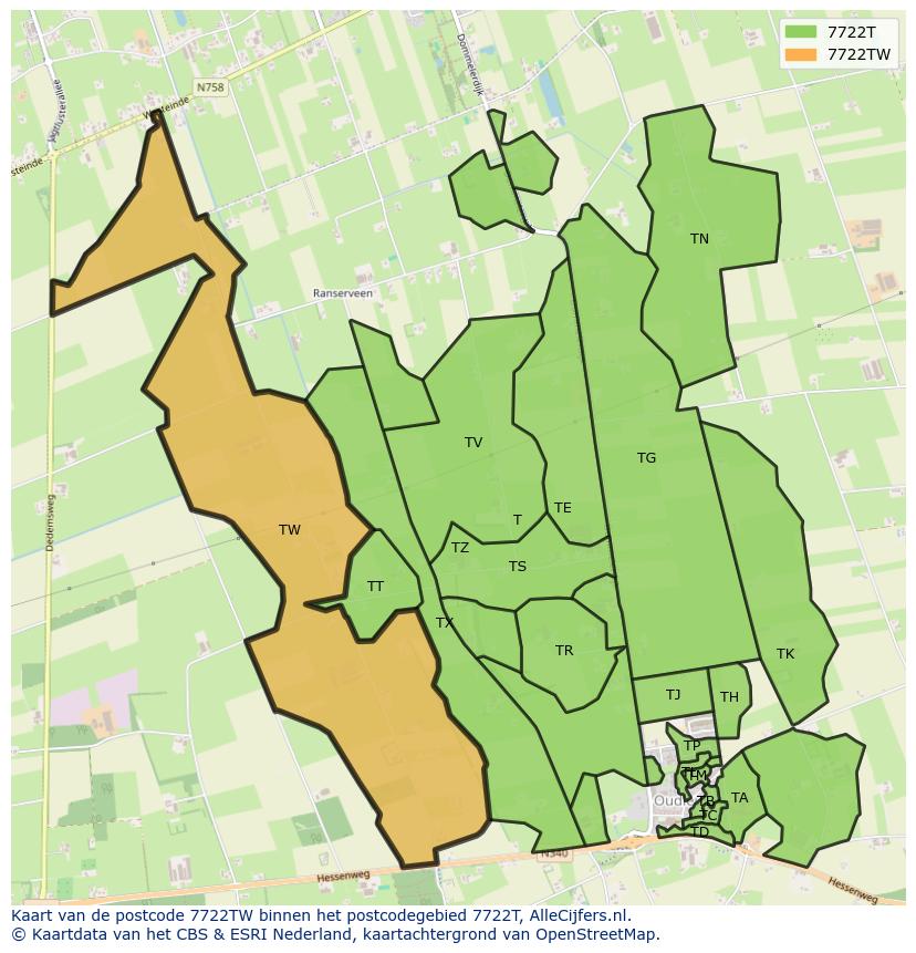 Afbeelding van het postcodegebied 7722 TW op de kaart.