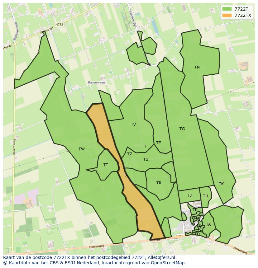 Afbeelding van het postcodegebied 7722 TX op de kaart.