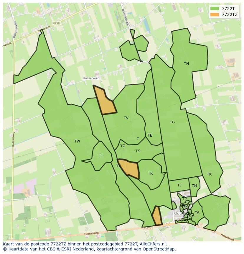 Afbeelding van het postcodegebied 7722 TZ op de kaart.