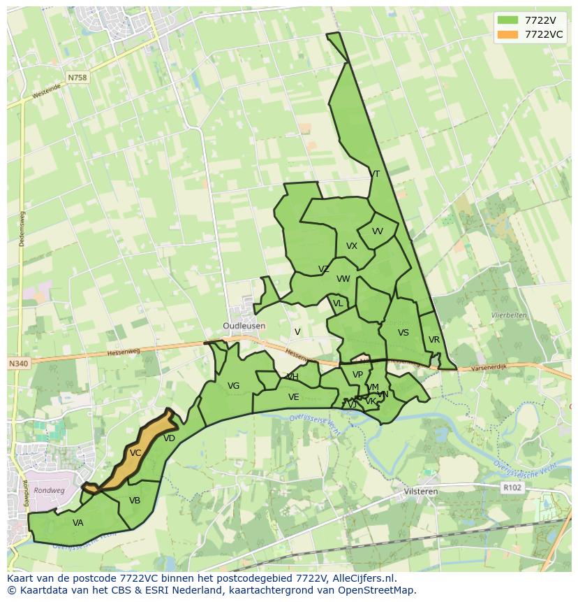 Afbeelding van het postcodegebied 7722 VC op de kaart.