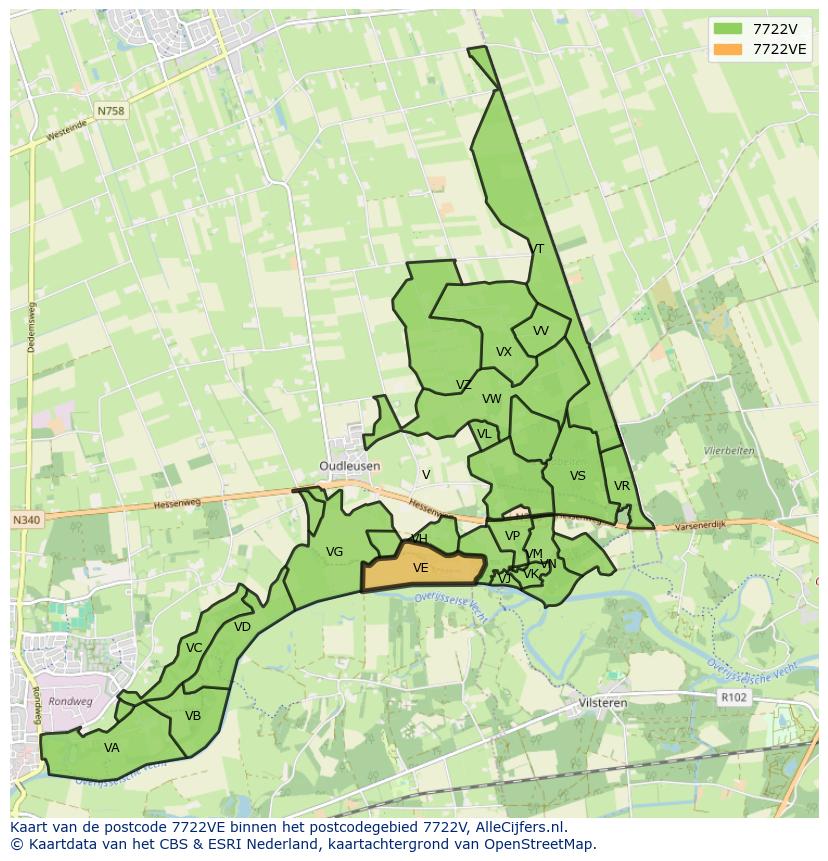 Afbeelding van het postcodegebied 7722 VE op de kaart.