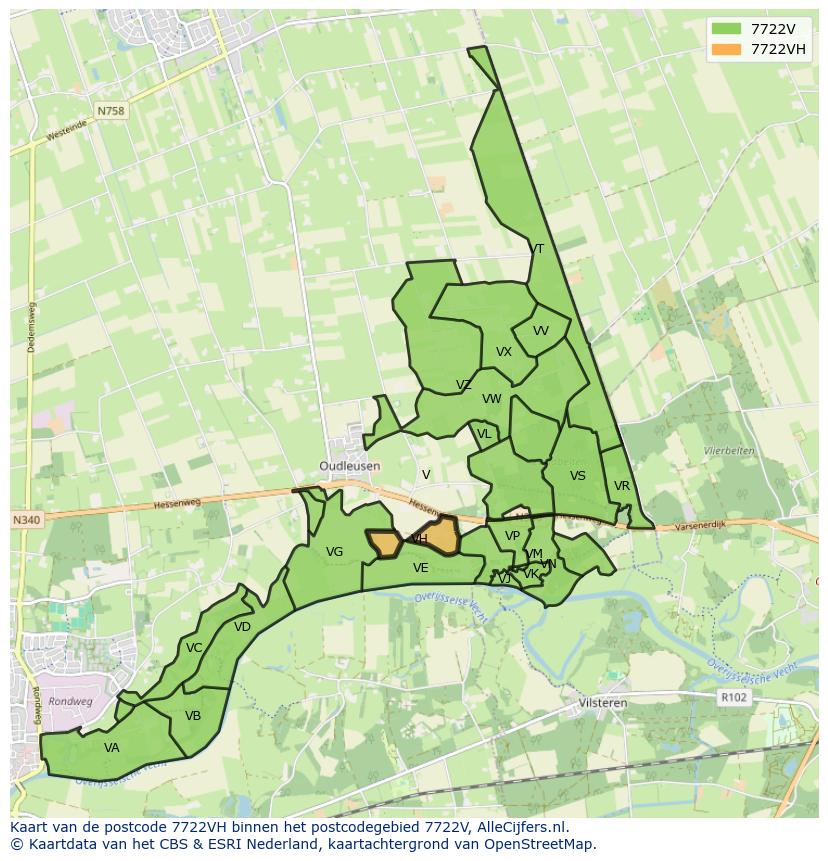 Afbeelding van het postcodegebied 7722 VH op de kaart.