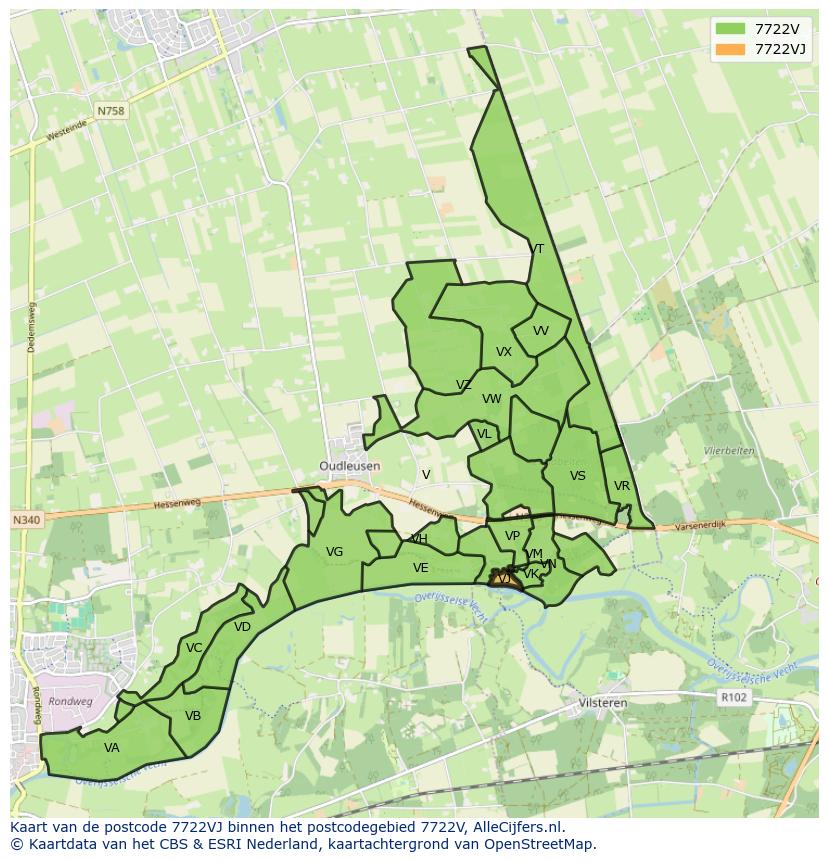 Afbeelding van het postcodegebied 7722 VJ op de kaart.