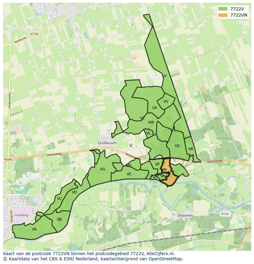 Afbeelding van het postcodegebied 7722 VN op de kaart.
