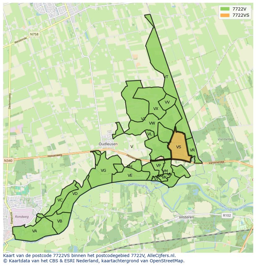 Afbeelding van het postcodegebied 7722 VS op de kaart.
