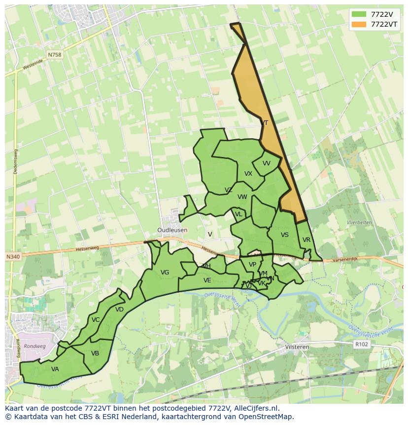 Afbeelding van het postcodegebied 7722 VT op de kaart.