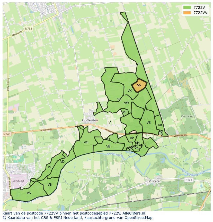 Afbeelding van het postcodegebied 7722 VV op de kaart.