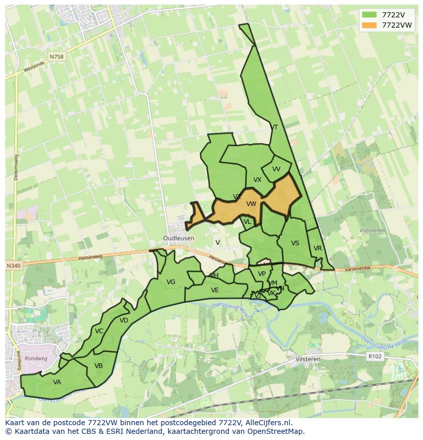 Afbeelding van het postcodegebied 7722 VW op de kaart.