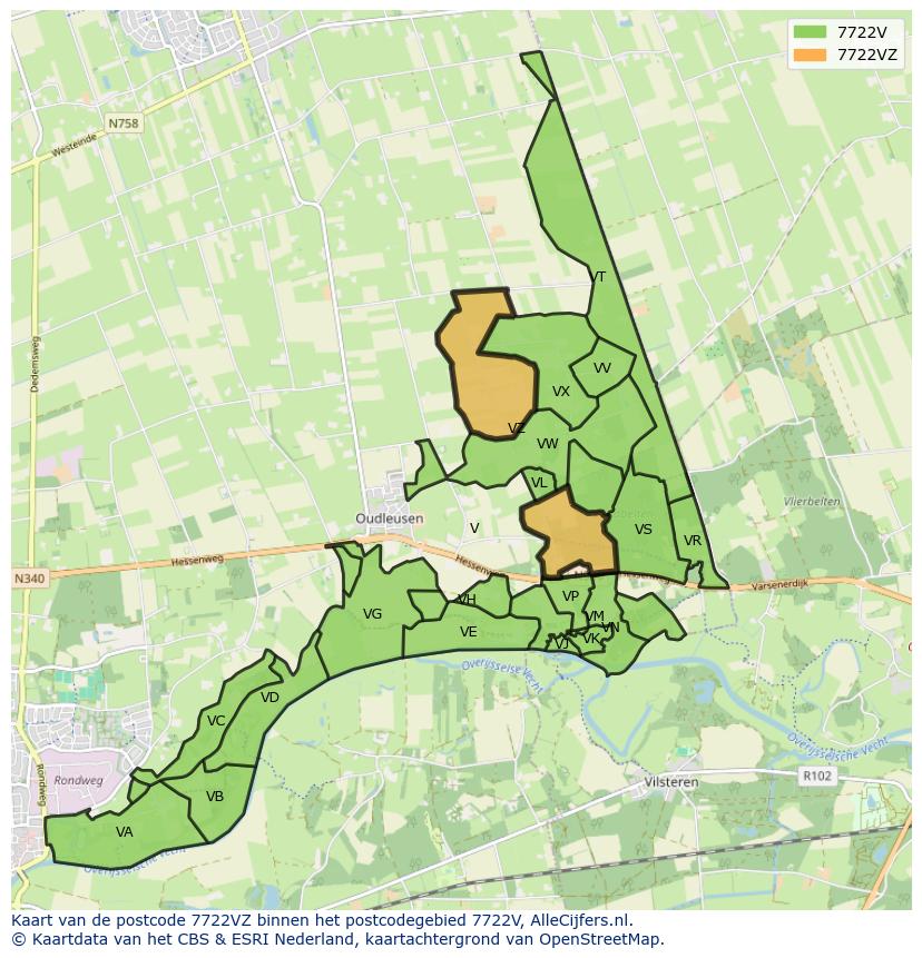 Afbeelding van het postcodegebied 7722 VZ op de kaart.