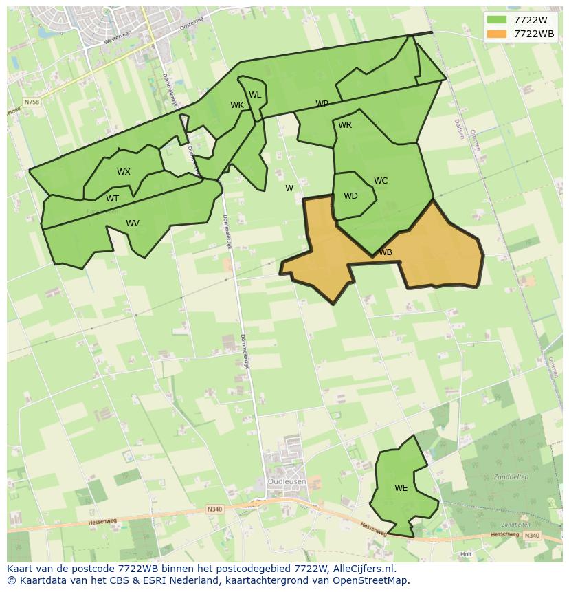 Afbeelding van het postcodegebied 7722 WB op de kaart.