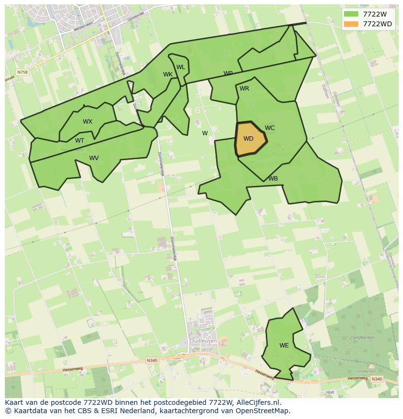 Afbeelding van het postcodegebied 7722 WD op de kaart.