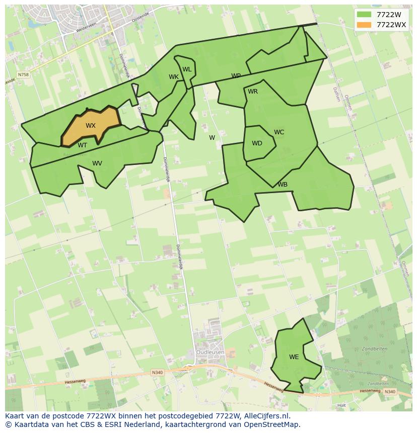 Afbeelding van het postcodegebied 7722 WX op de kaart.
