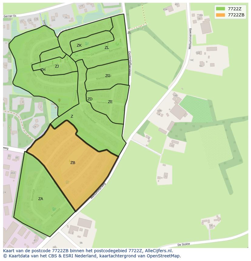 Afbeelding van het postcodegebied 7722 ZB op de kaart.