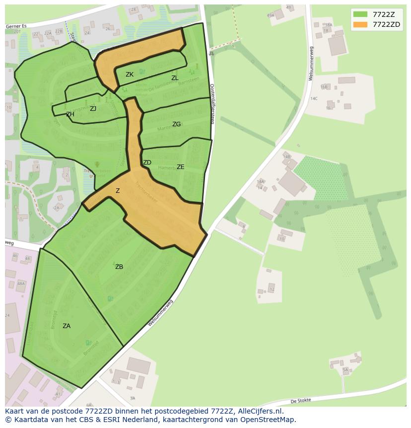 Afbeelding van het postcodegebied 7722 ZD op de kaart.