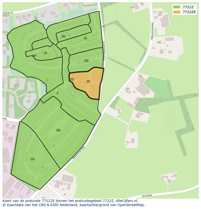 Afbeelding van het postcodegebied 7722 ZE op de kaart.