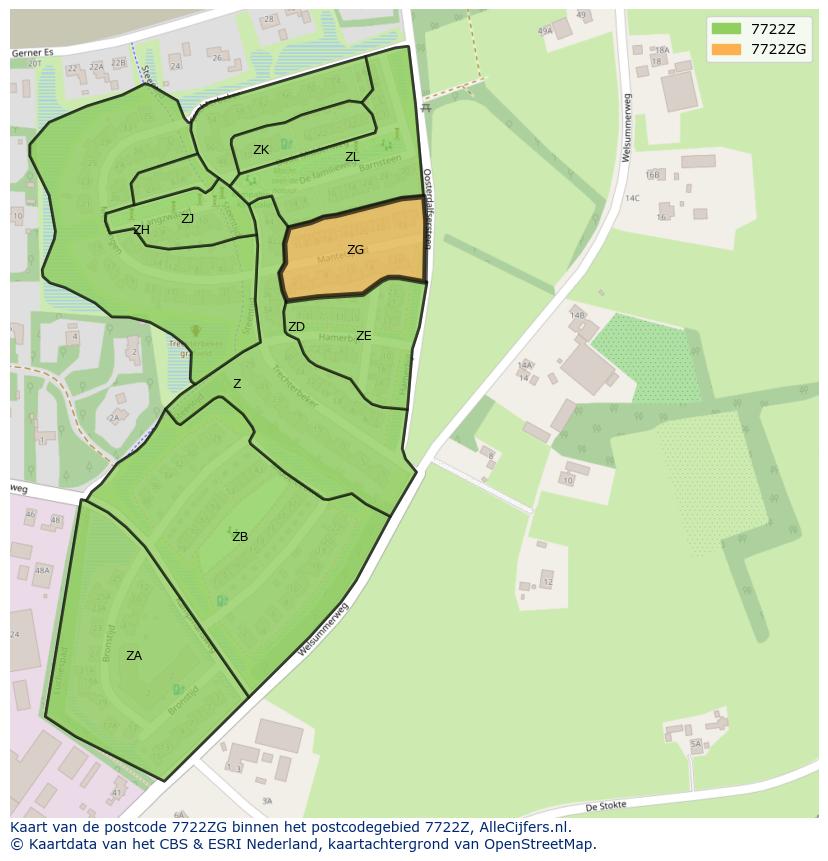 Afbeelding van het postcodegebied 7722 ZG op de kaart.