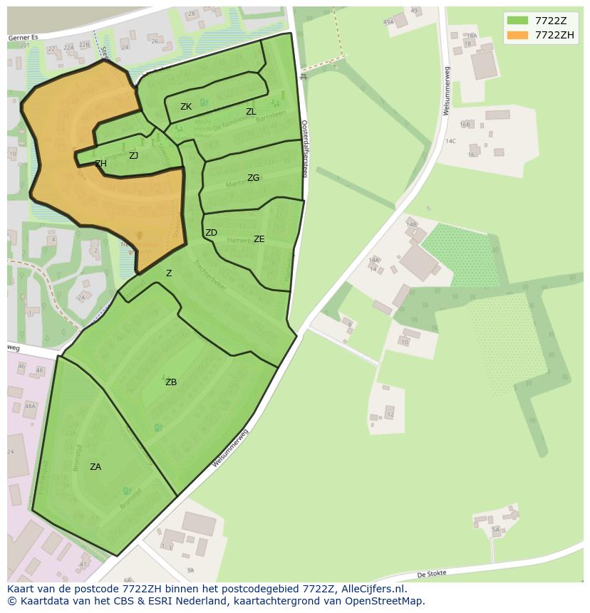 Afbeelding van het postcodegebied 7722 ZH op de kaart.