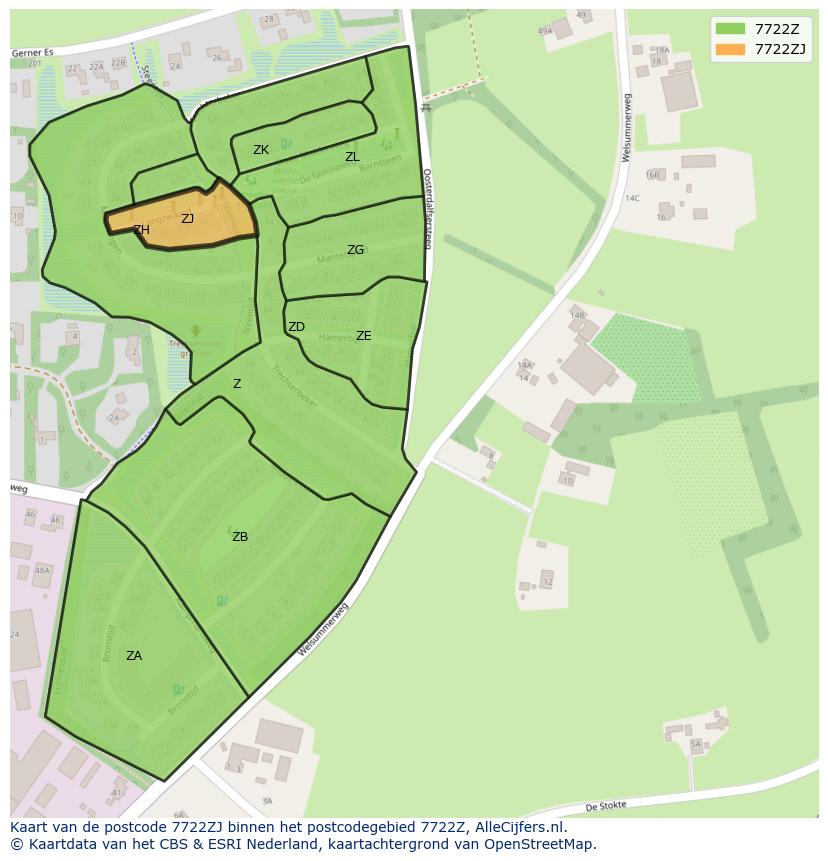 Afbeelding van het postcodegebied 7722 ZJ op de kaart.