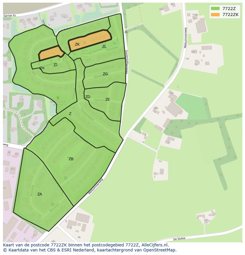 Afbeelding van het postcodegebied 7722 ZK op de kaart.