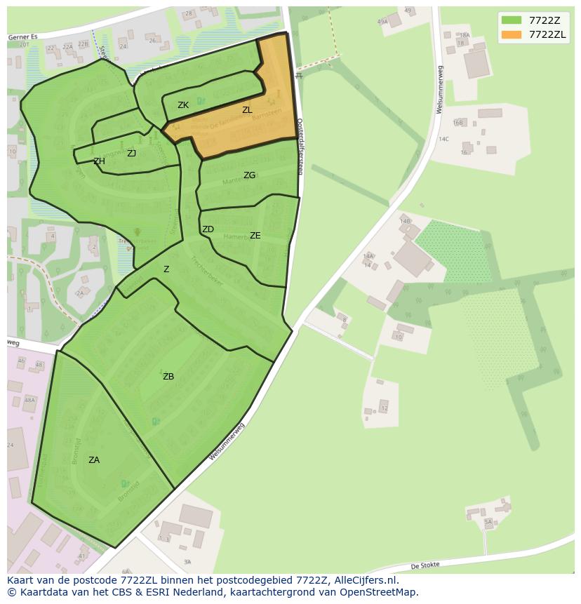 Afbeelding van het postcodegebied 7722 ZL op de kaart.