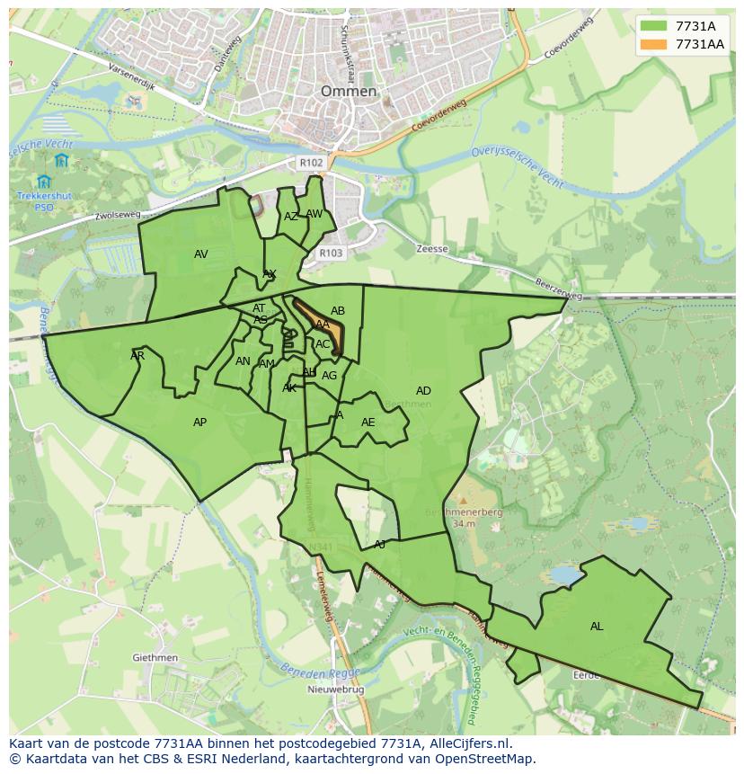 Afbeelding van het postcodegebied 7731 AA op de kaart.