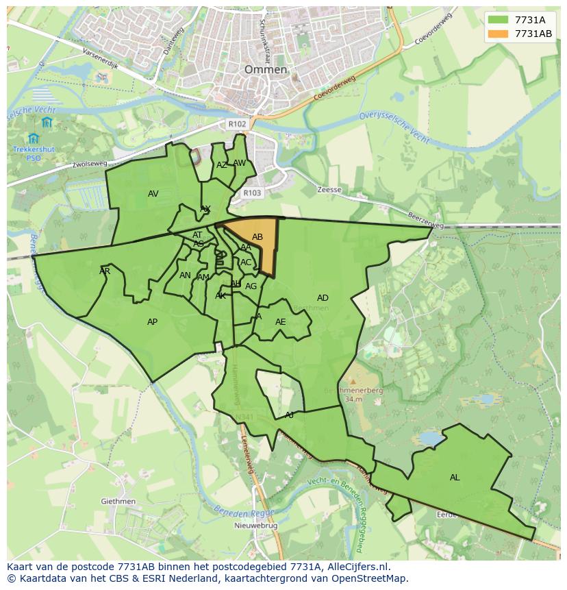Afbeelding van het postcodegebied 7731 AB op de kaart.