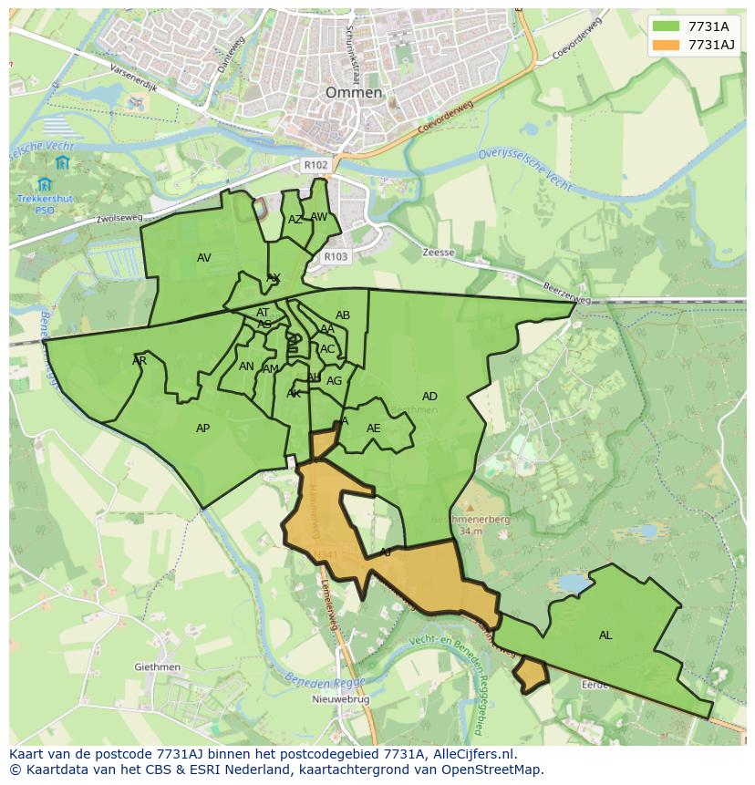 Afbeelding van het postcodegebied 7731 AJ op de kaart.