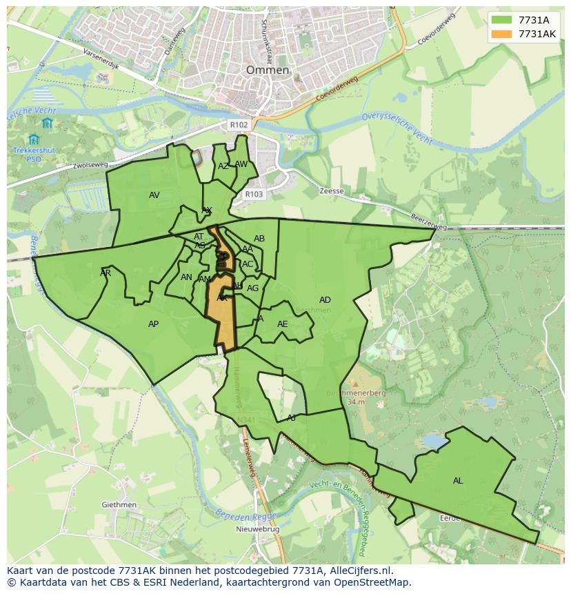 Afbeelding van het postcodegebied 7731 AK op de kaart.