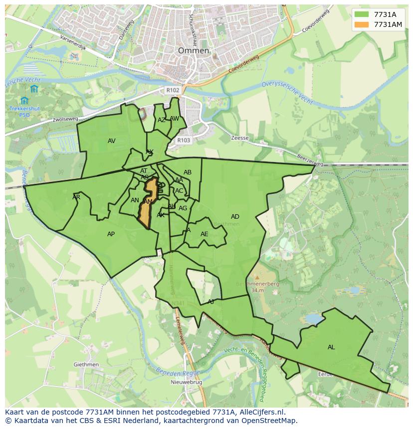 Afbeelding van het postcodegebied 7731 AM op de kaart.