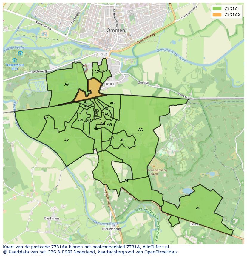 Afbeelding van het postcodegebied 7731 AX op de kaart.