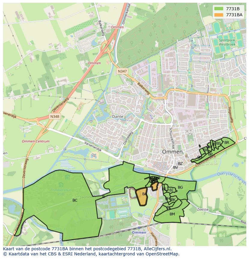 Afbeelding van het postcodegebied 7731 BA op de kaart.