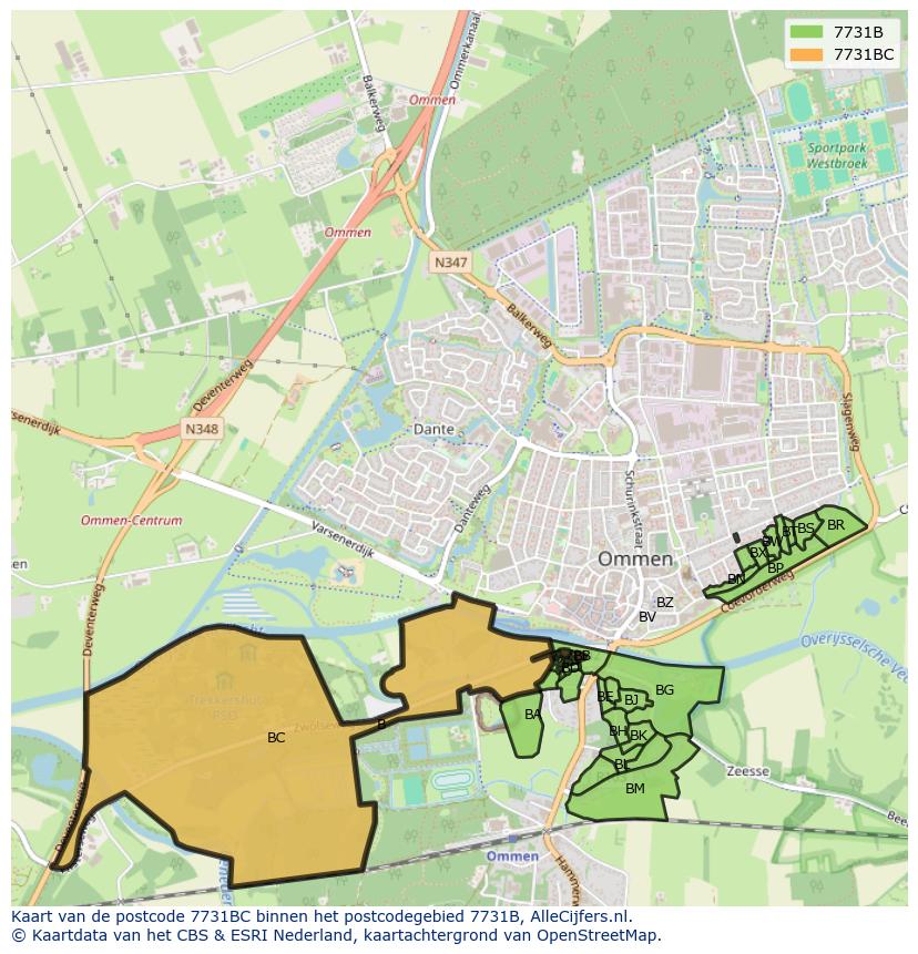 Afbeelding van het postcodegebied 7731 BC op de kaart.