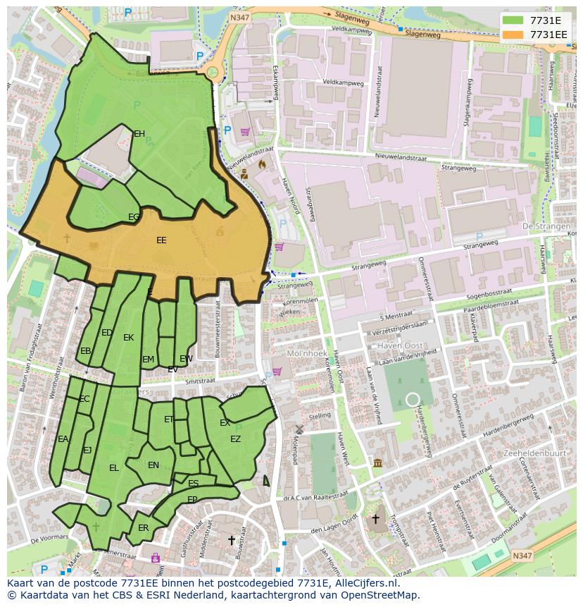 Afbeelding van het postcodegebied 7731 EE op de kaart.