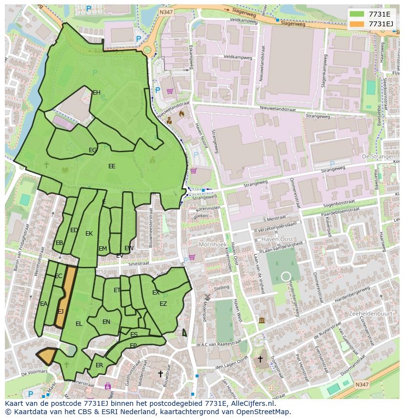 Afbeelding van het postcodegebied 7731 EJ op de kaart.