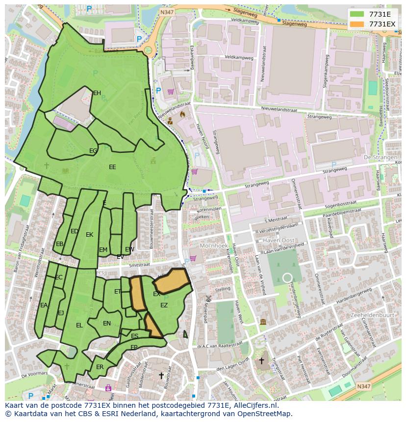Afbeelding van het postcodegebied 7731 EX op de kaart.