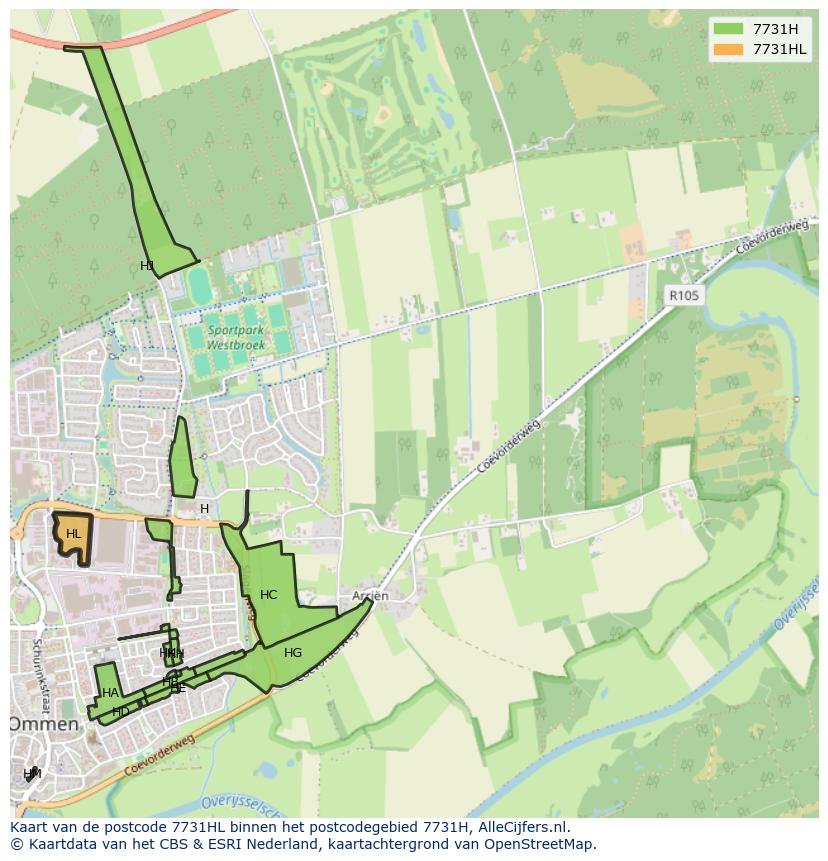 Afbeelding van het postcodegebied 7731 HL op de kaart.