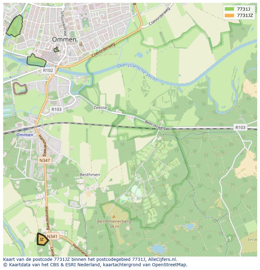 Afbeelding van het postcodegebied 7731 JZ op de kaart.