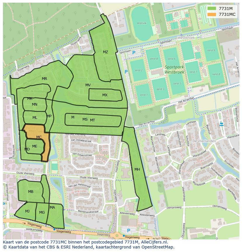 Afbeelding van het postcodegebied 7731 MC op de kaart.
