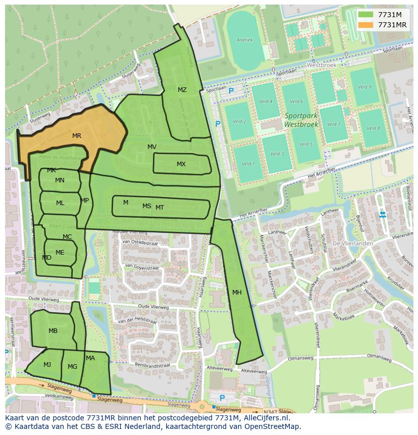 Afbeelding van het postcodegebied 7731 MR op de kaart.