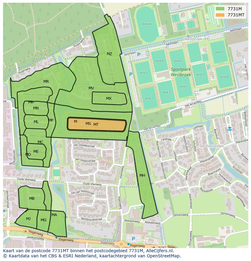 Afbeelding van het postcodegebied 7731 MT op de kaart.