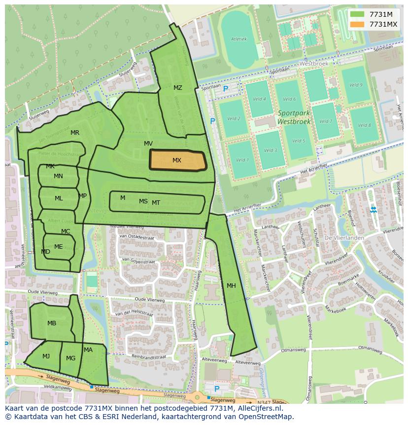 Afbeelding van het postcodegebied 7731 MX op de kaart.