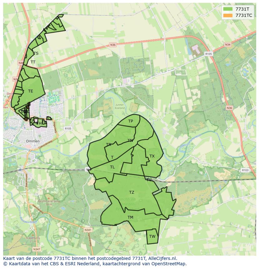 Afbeelding van het postcodegebied 7731 TC op de kaart.