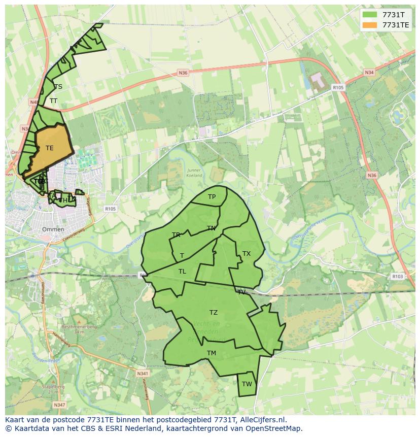 Afbeelding van het postcodegebied 7731 TE op de kaart.