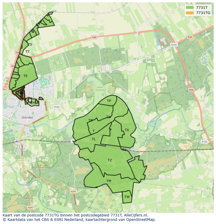 Afbeelding van het postcodegebied 7731 TG op de kaart.