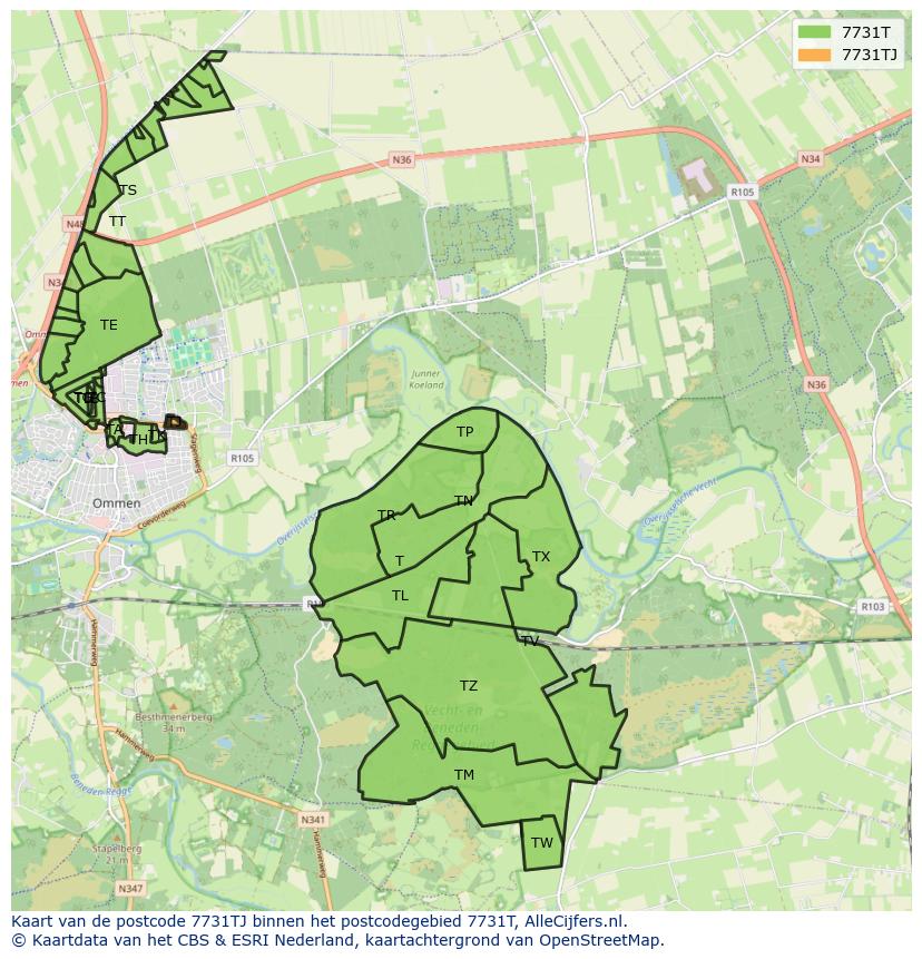 Afbeelding van het postcodegebied 7731 TJ op de kaart.