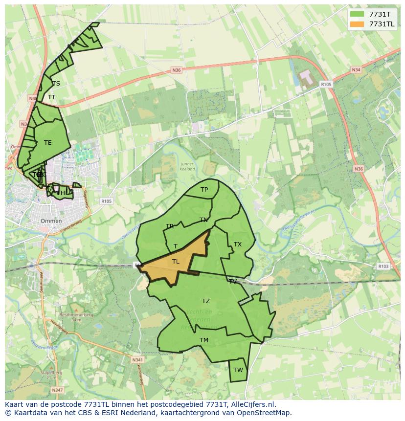 Afbeelding van het postcodegebied 7731 TL op de kaart.