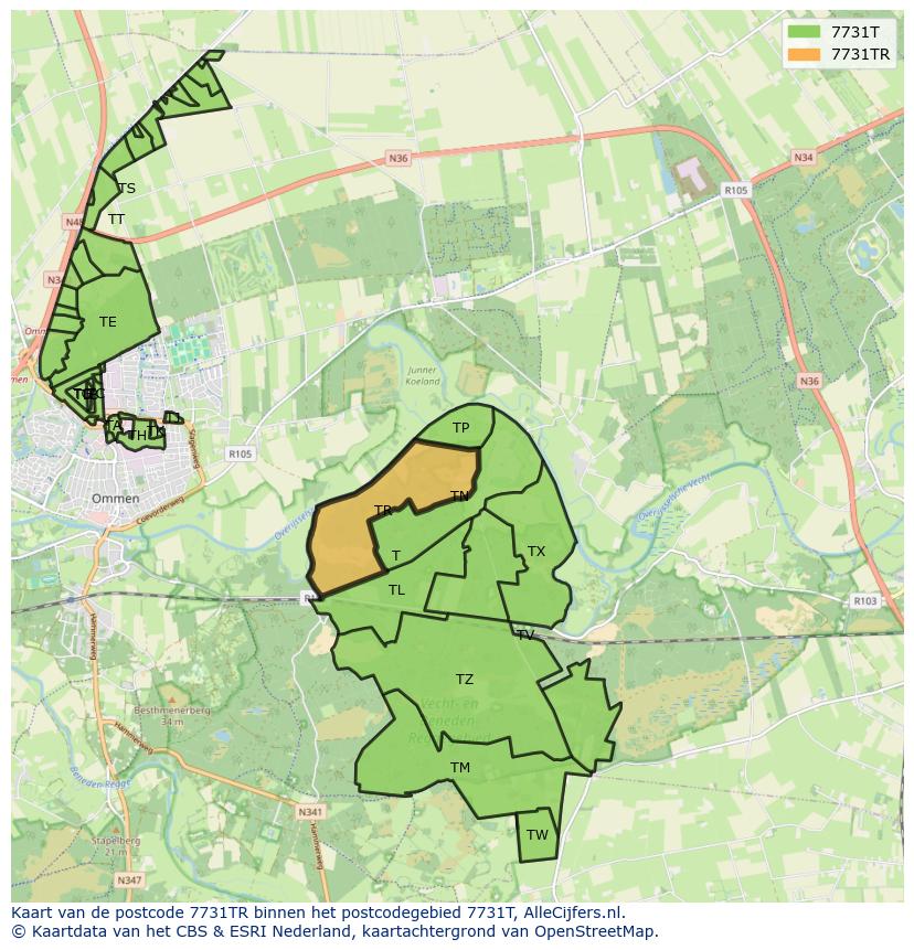 Afbeelding van het postcodegebied 7731 TR op de kaart.