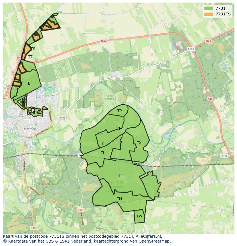 Afbeelding van het postcodegebied 7731 TS op de kaart.