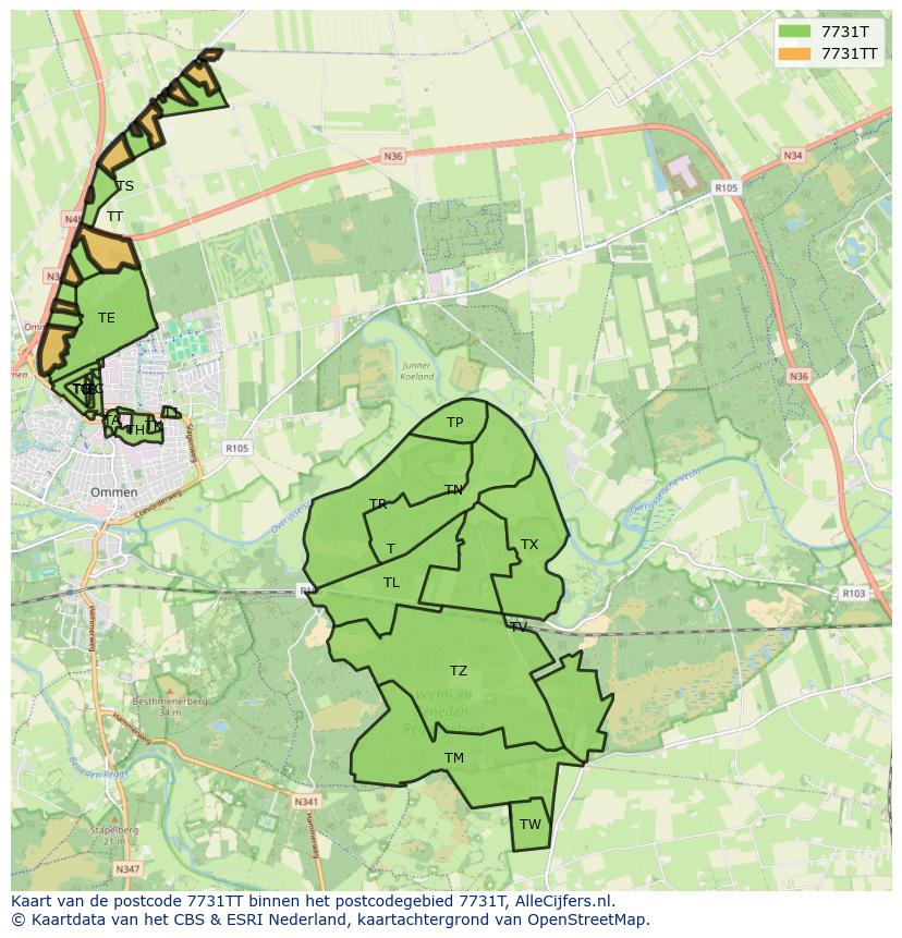 Afbeelding van het postcodegebied 7731 TT op de kaart.